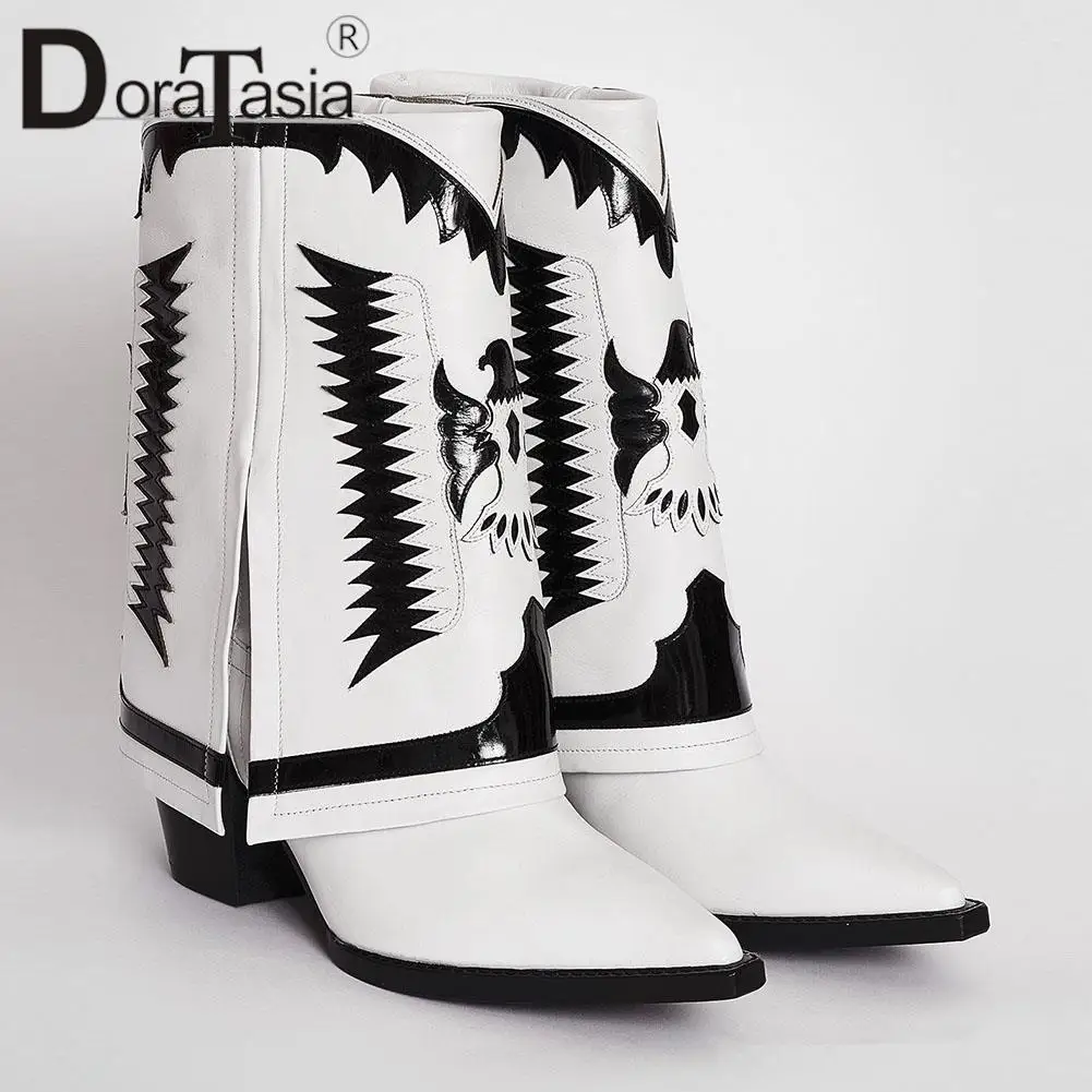 Brand New Ladies Pointed Toe Western Boots Fashion Embroider Mixed Colors Chunky Heels women's Boots Party Cowgirl Shoes Woman