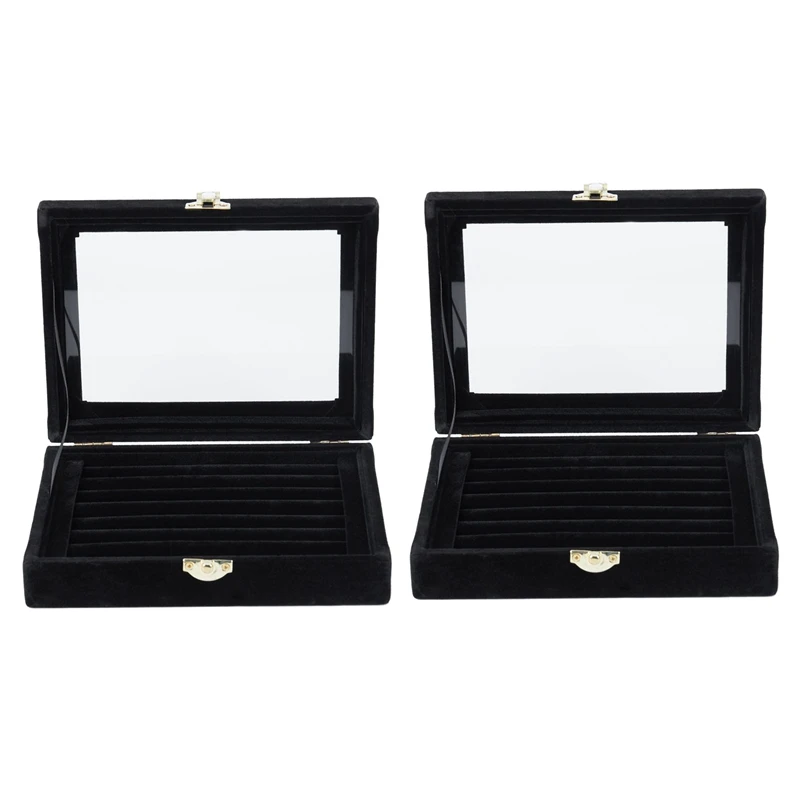 

2X Velvet Glass Ring Earring Jewelry Display Organizer Box Tray Holder Storage Case, Black