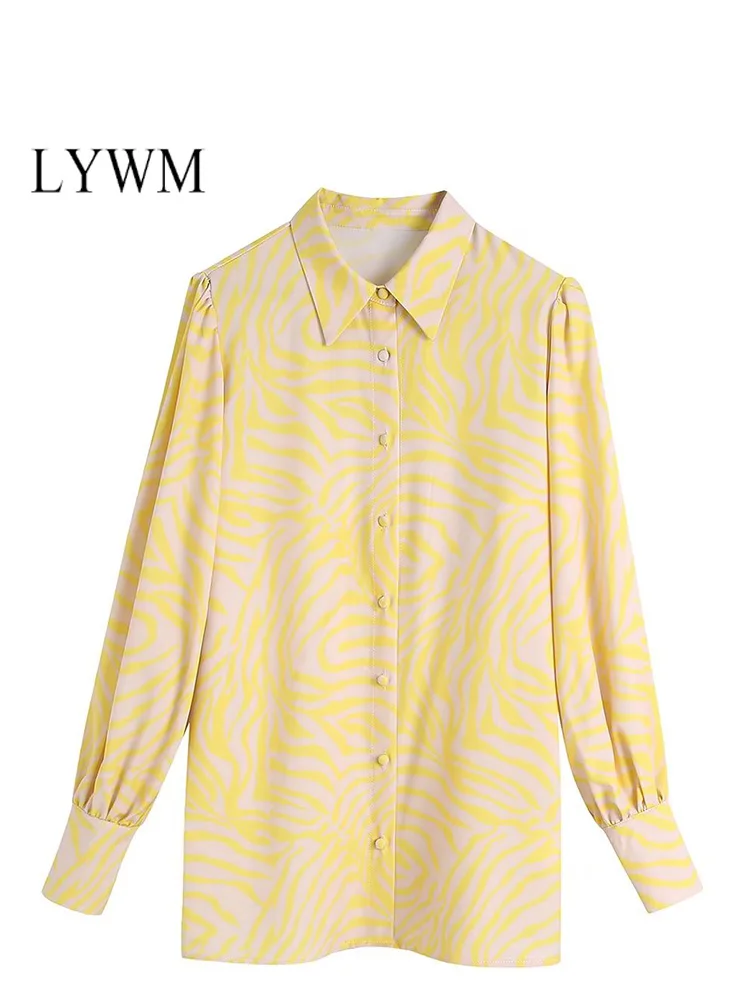 

LYWM Women Fashion Printed Single Breasted Blouse Vintage Lapel Neck Long Lantern Sleeves Female Chic Lady Shirts