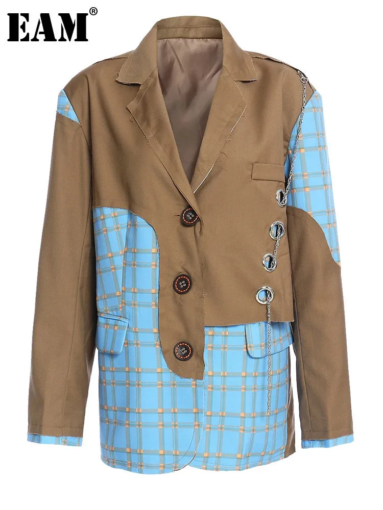 Женский блейзер с отложным воротником EAM свободный цвета хаки в клетку длинным