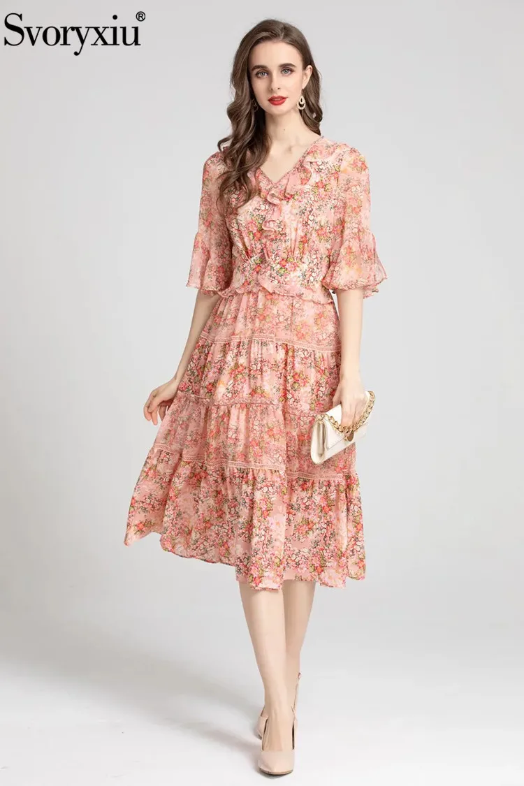 

Женское платье средней длины Svoryxiu, разноцветное элегантное облегающее платье с расклешенными рукавами, оборками и высокой талией для отпус...