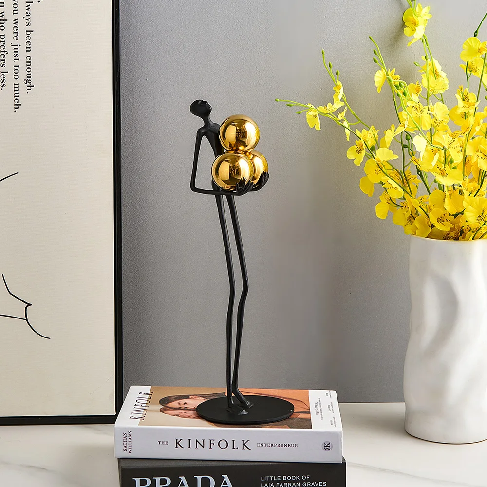 Modern Home Decoration Statue Office Bedroom Living Room Metal Sculpture Abstract Figure Holding Gold Ball Ornament Desktop Art