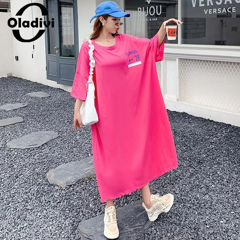 

Oladivi Large Size Women Fashion Letter Print Cotton Dress 2022 Summer Casual Loose Oversized Dresses Tunic STK 393 7XL 8XL 9XL
