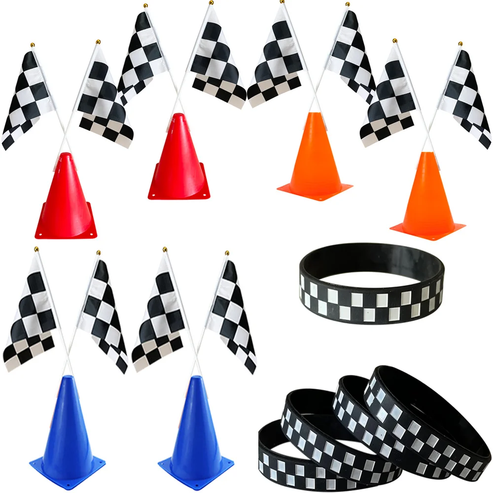 

Hot Wheels Birthday Decor Racing Car Theme Checkered Flag Traffic Cone Silicone Bracelets Sports Events Rubber Wristbands
