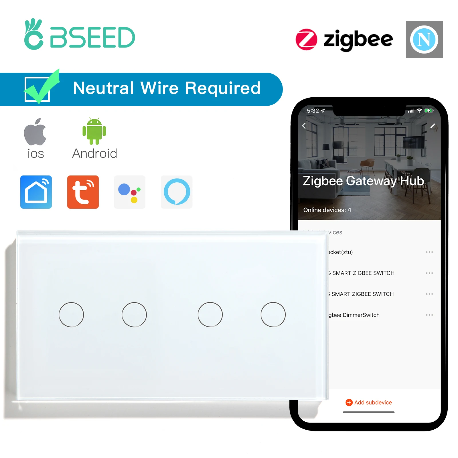 Умные сенсорные выключатели BSEED Zigbee 1/2/3 клавиши