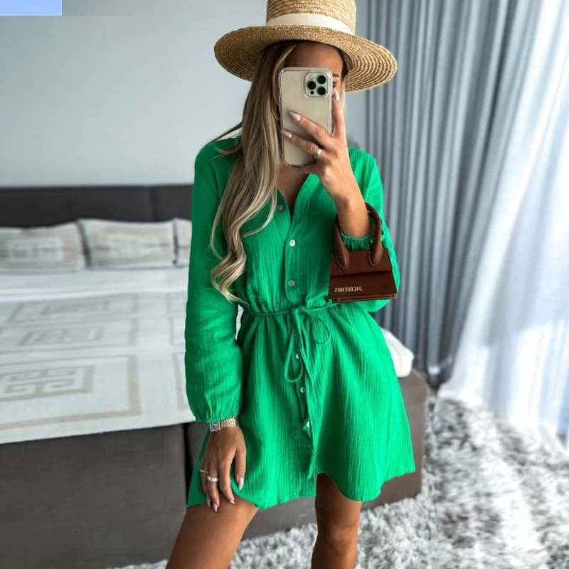 

Женское однобортное платье-кардиган, повседневное однотонное платье в европейском и американском стиле с длинным рукавом, поясом и лацкана...