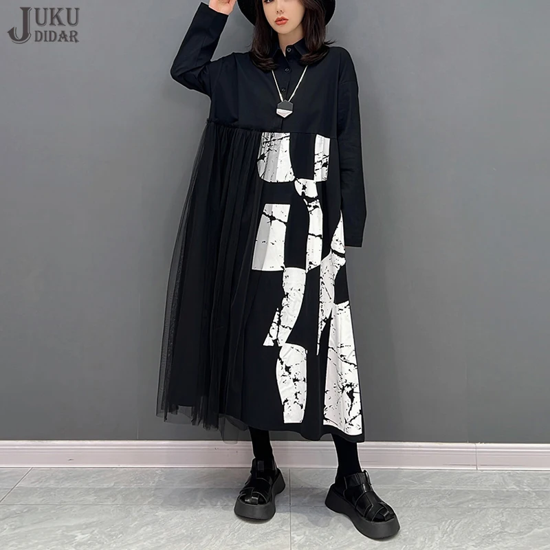 

Painted Fashion New Autumn Full Sleeve Long Black Print Shirt Dress Mesh Covered Japanese Style Loose Fit Big Size Robe JJXD213