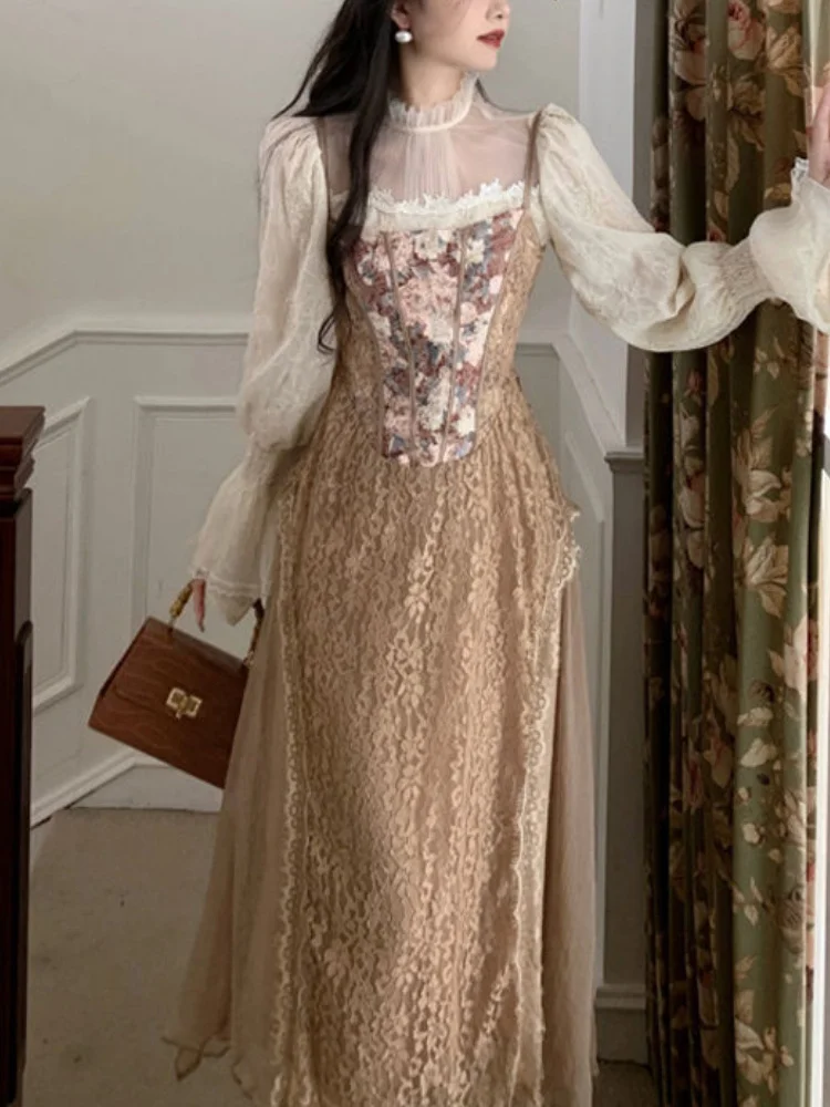 

France Lace Vintage Dress Women Spring Patchwork Party Midi Dress Female Korean Fashion Designer Chic Two Piece Set Dress 2022