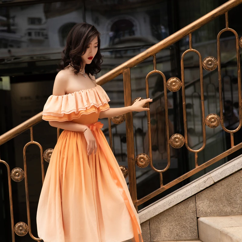 Женское винтажное платье с завышенной талией оранжевое из шифона высокой и