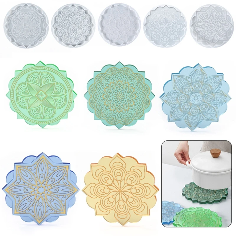 

LX9D Mandala Tea Tray Coaster Mold Silicone Epoxy Resin Placemat Coaster Mold Used to Make Artificial Agate Pieces Coasters