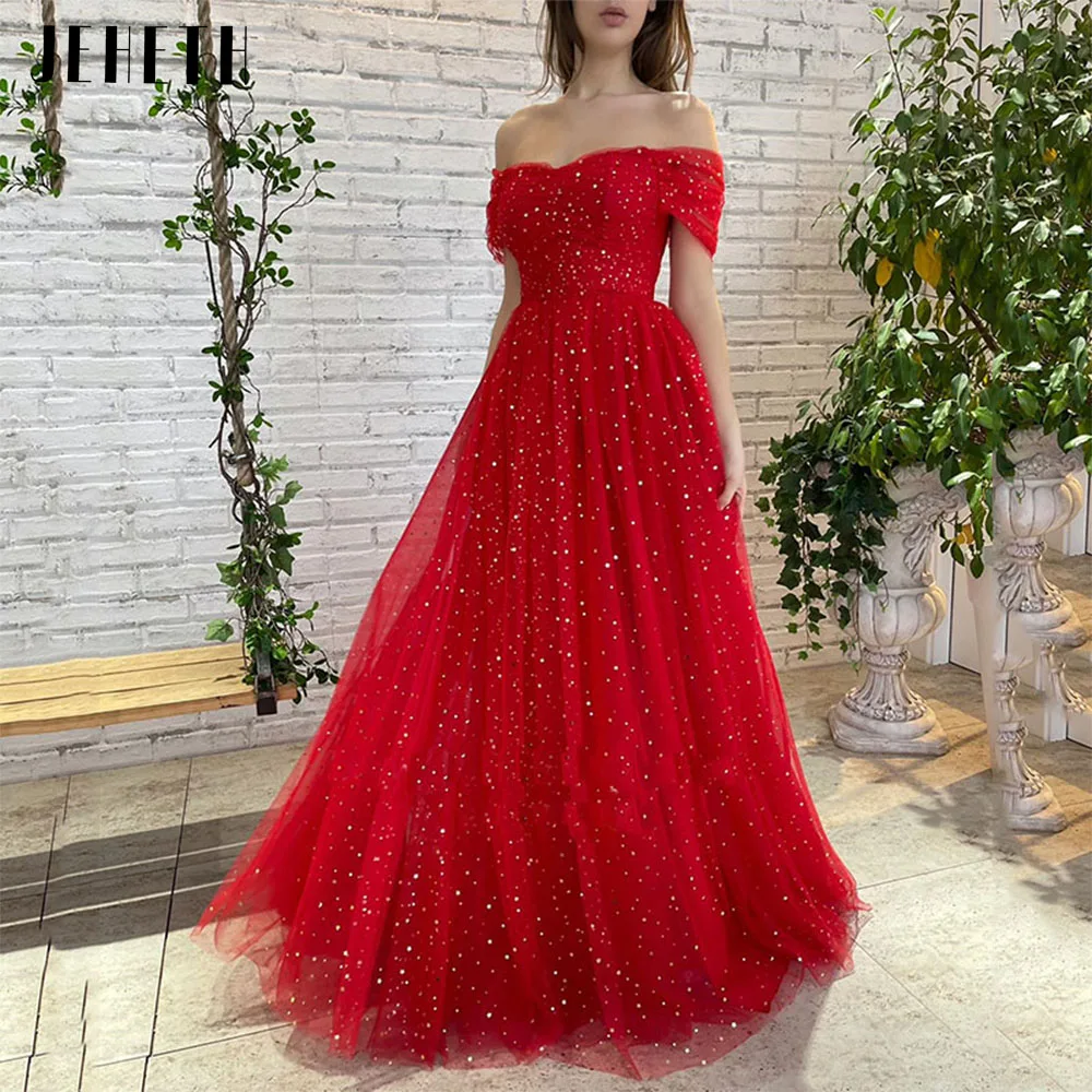 

JEHETH Red Starry Sparkly Off the Shoulder Tulle Prom Dresses Floor-Length Formal Party Long A-Line Evening Gown robes de soirée