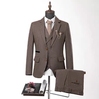 2022 luxury winter formal wool brown herringbone retro gentleman business tweed groom tuxedos for wedding 3 pieces suits for men