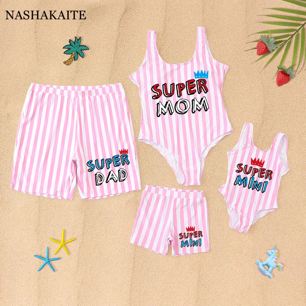 

Summer Family Matching Outfits Crown Text Print Swimsuit Mother Daughter Mommy and me swimsuit Dad Son Swimwear for family