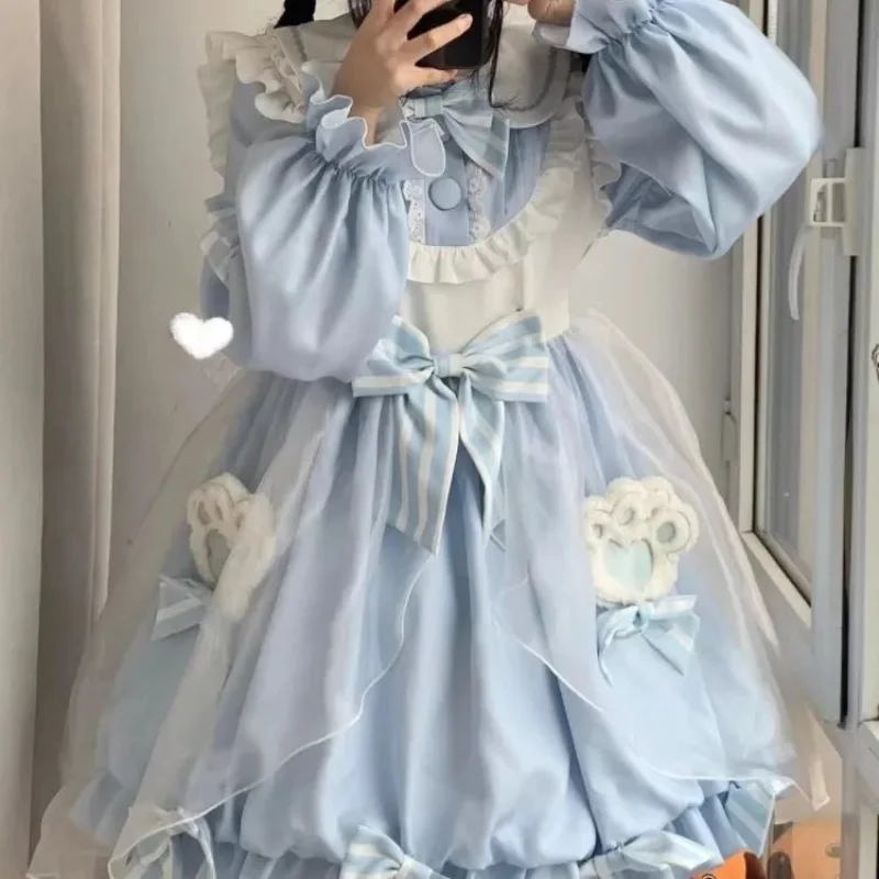 Japanese Harajuku Kawaii Lolita Grenadine Dress Woman Elegant Fairycore Aesthetic Long Sleeve Dress Y2k Alt Casual Cute Clothes