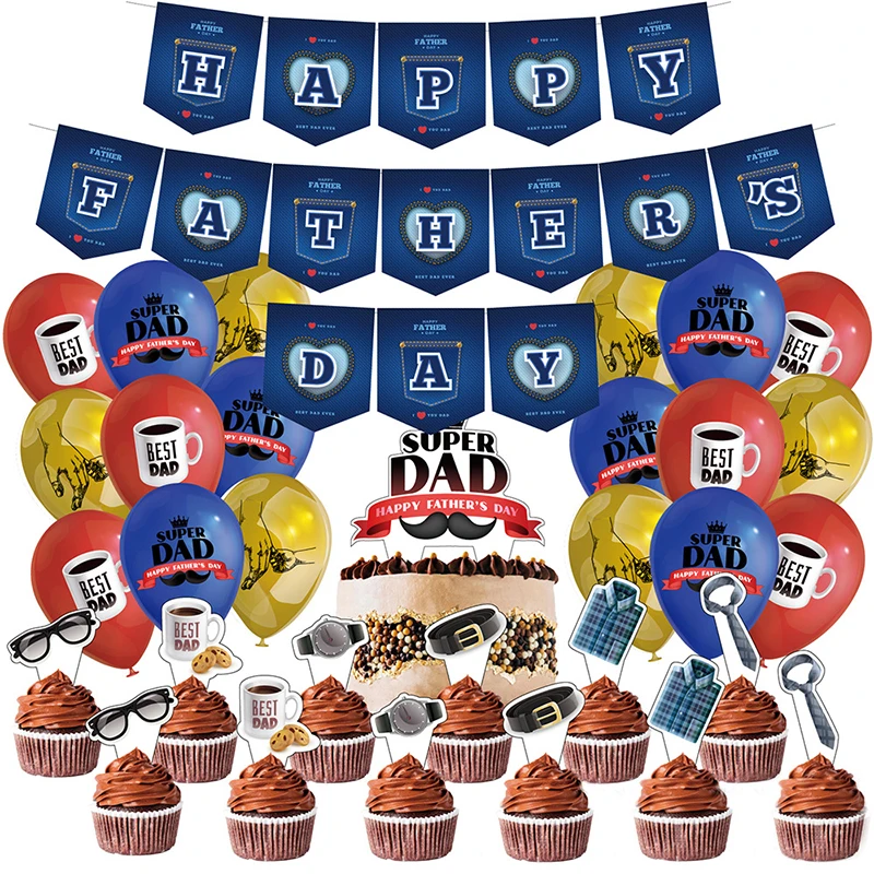 

JOLLYBOOM Happy Father's Day Party Decoration Balloon Set Super Best Dad Banner Cake Topper for Father's Day Party Supplies