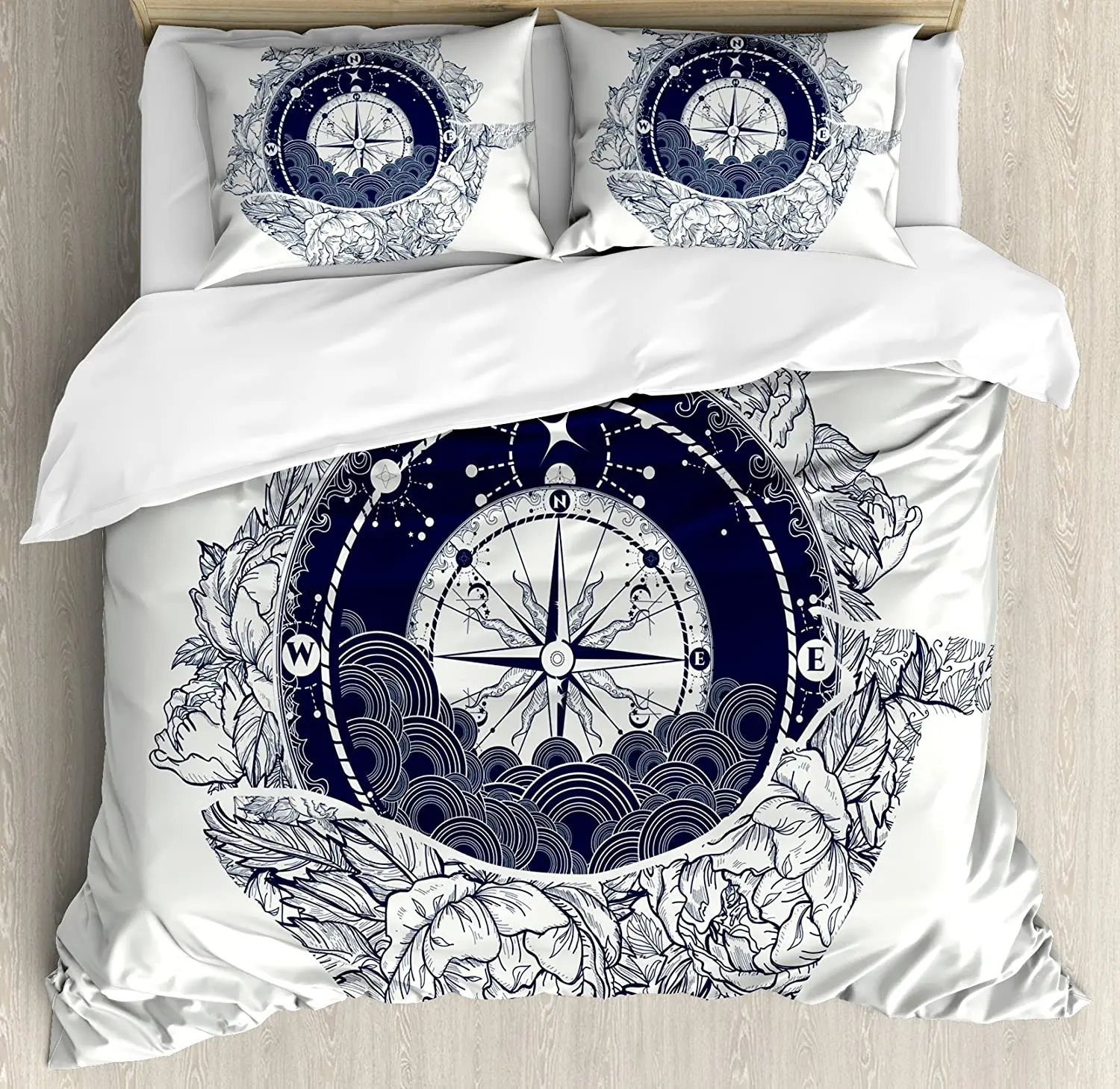 

Adventure Bedding Set For Bedroom Bed Home Antique Marine Compass and Floral Whale Figure Duvet Cover Quilt Cover And Pillowcase