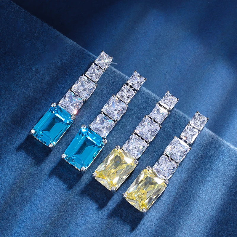 

EYIKA Fashion Rectangle Yellow Sky Blue Crystal Zircon Long Drop Earrings Silver Color Wedding Fine Jewelry Gifts for Women