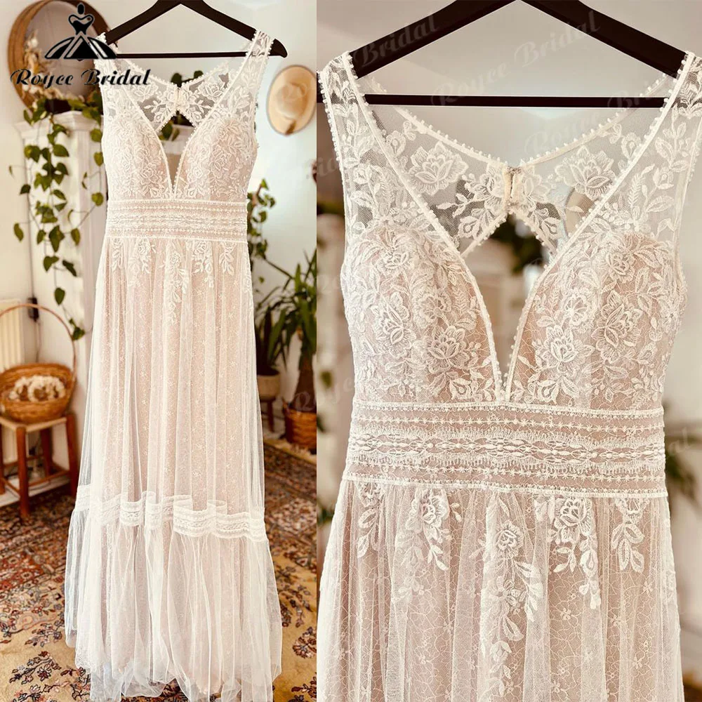 

Elegant Beach Sleeveless V Neck Lace Appliques Boho Backless Bridal Wedding Dress 2023 Wedding Gown Women robe mariage femme