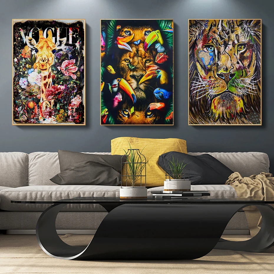 

Among Flowers Colorful Animal Poster Prints Lion Tiger Leopard Deer Wall Art Canvas Painting Forest Parrot Picture Living Room