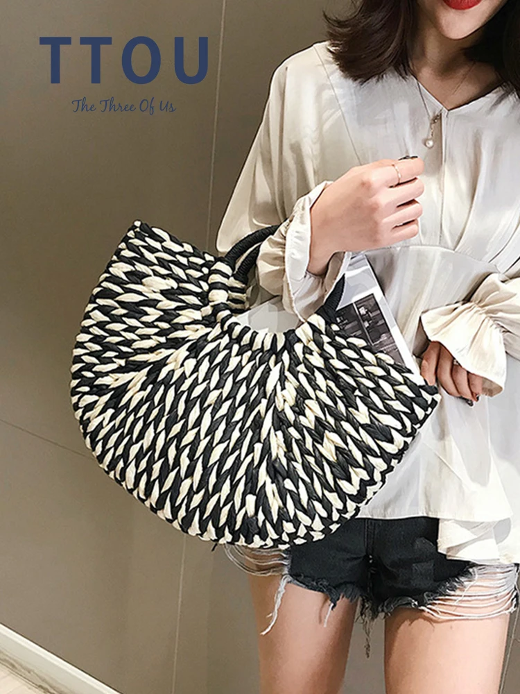 

Fashion Wicker Straw Women Handbag Luxury Designer Beach Weaving Half Round Shoulder Bag Large Capacity Summer Shopper Basket