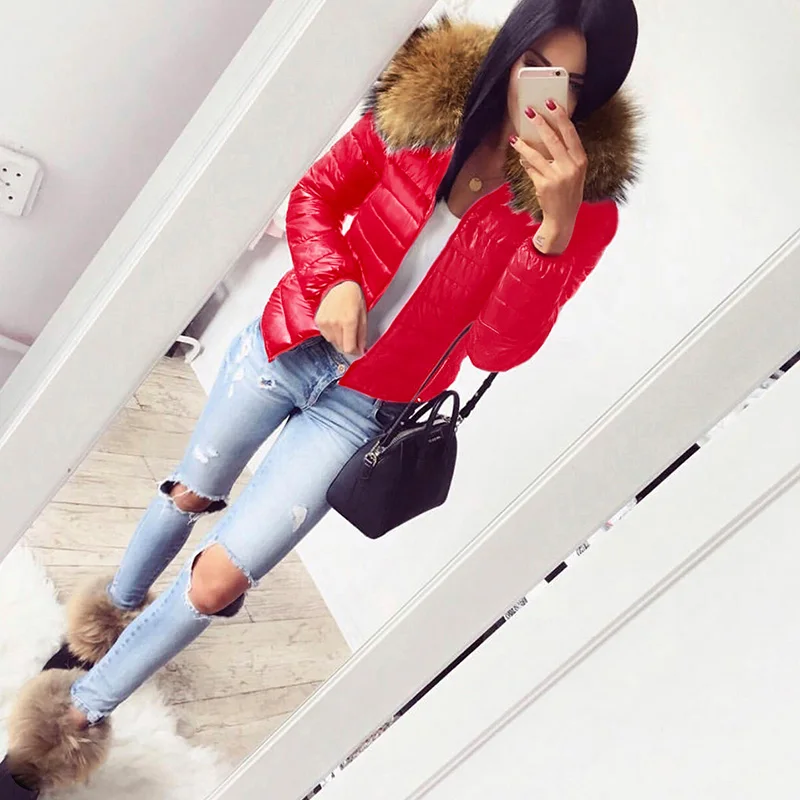 Solid Women Down Jackets Winter Warm Thick Fur Collar Hooded Short Jacket Fleece Coat Female Plush Cotton Slim-Fit Outerwear
