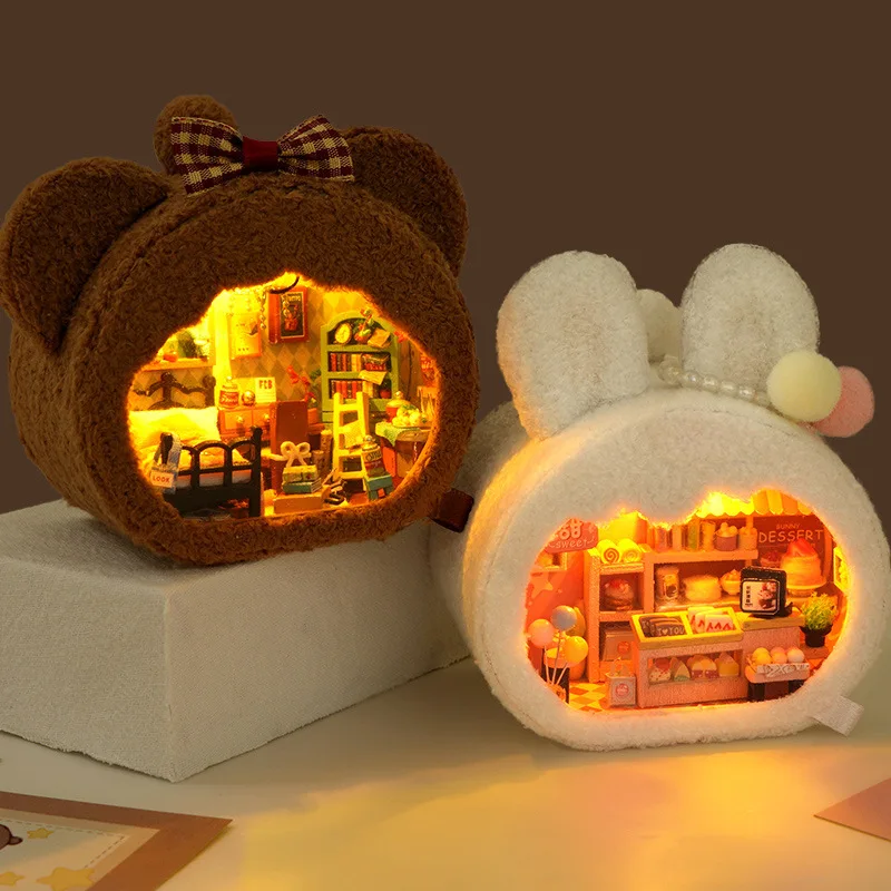 

Diy Bear Baby Rabbit Dessert Shop Light House Plush Family Creative Handmade Assembly House Model New Year's Birthday Gift