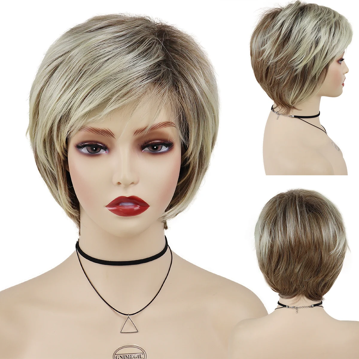 

GNIMEGIL Elderly Wigs Natural Synthetic Blonde Wigs with Bangs Woman Ombre Wig Dark Roots Waving Short Hair Mommy Wig for Women