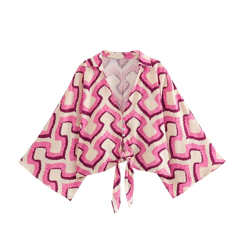 

2023 Women's Summer New V-neck Long-sleeved Bowknot Decoration Loose Printed Shirt Fashion All-match Tops