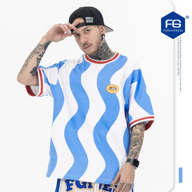 

2023 Spring Summer New Versatile Short Sleeve T-shirt with Blue and White Water Wave Pattern No.10 Jersey Casual