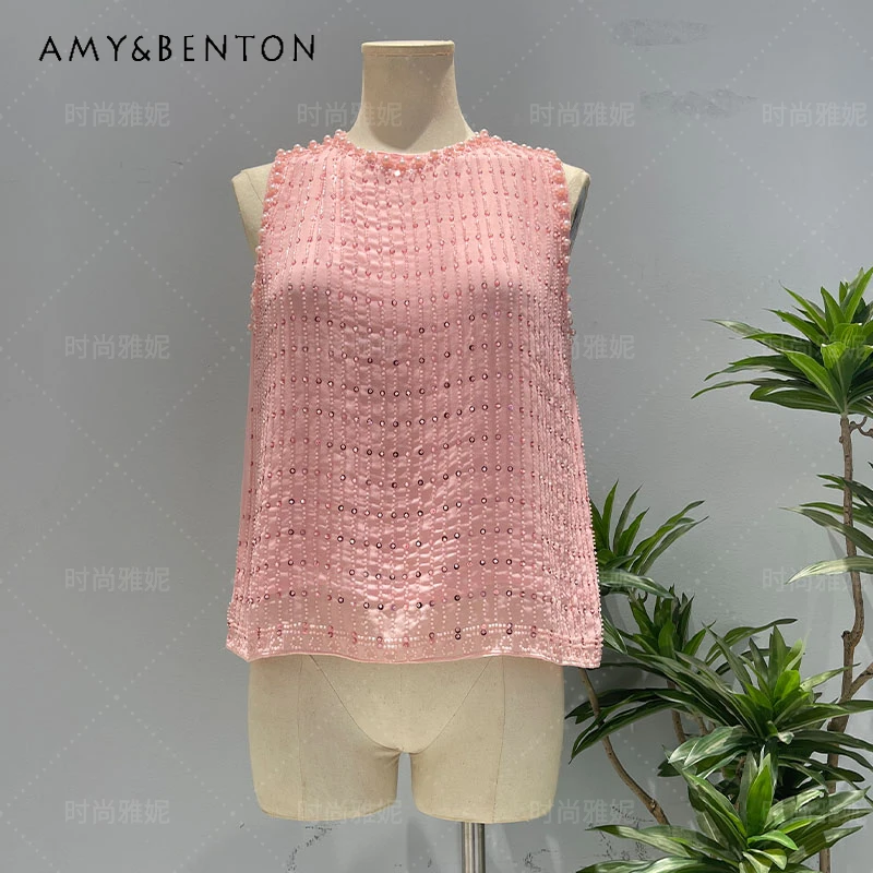 

Fashion European American Style New Elegant Top Heavy Industry Beads Sequined Stringed Pearls Chiffon Vest Jacket Women's Blouse