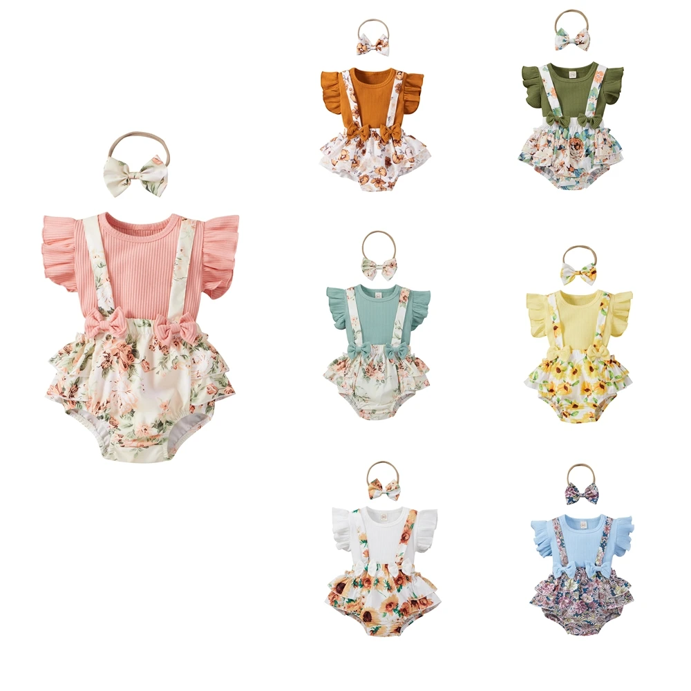 

Летний комплект из трех предметов для маленьких девочек с цветочным принтом, топ с летящими рукавами, шорты на бретелях и повязка на голову