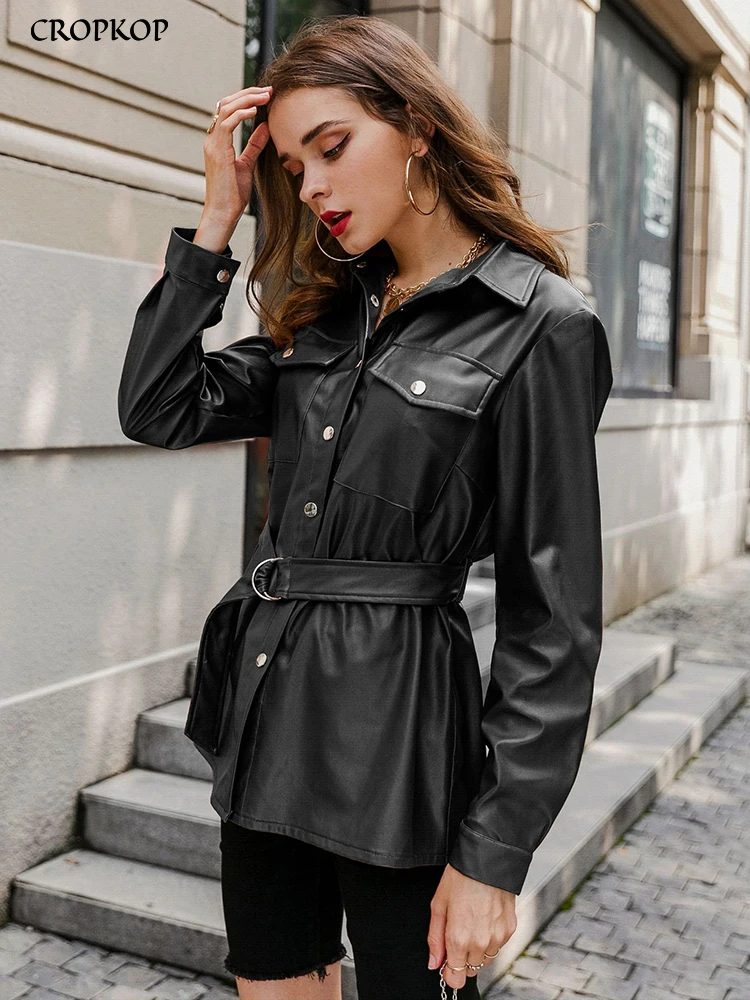 

Autumn Winter Faux Leather Jacket Women Fashion Belted Shirt Jacket Casual Button Long PU Leather Coats Black Streetwear 2022