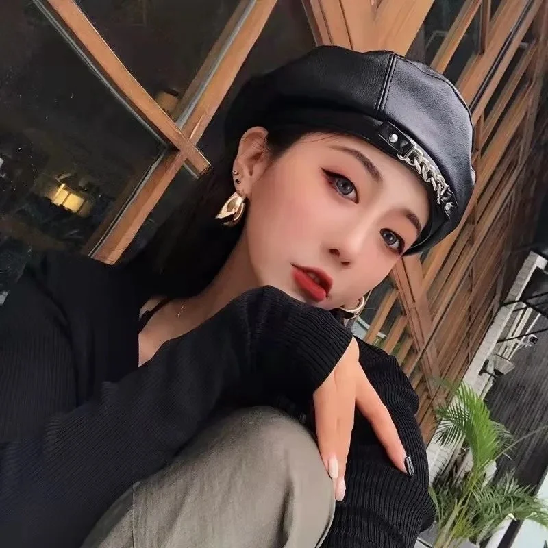 Новый Берет шапки для женщин осень зима весна искусственная кожа металлическая