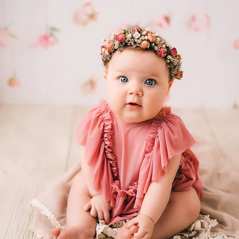 Dvotinst Newborn Baby Girls Photography Props Pink Ruffles Outfit Dress Hat 2-peice Set Fotografia Studio Shooting Photo Props