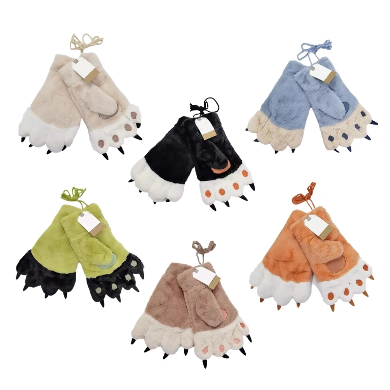 

Зимние перчатки для девочек, искусственная кожа, с мультяшными медвежьими лапами, утолщенные варежки