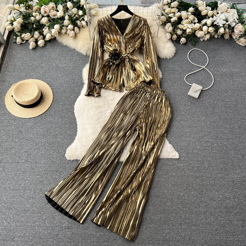 

Женский плиссированный костюм, Однотонная рубашка на пуговицах и брюки, офисный повседневный комплект из двух предметов, 2023