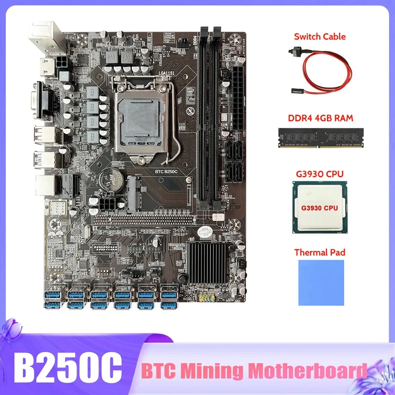 

Материнская плата B250C для майнинга BTC + процессор G3930 + DDR4 4 ГБ ОЗУ + кабель переключения + термопрокладка 12X PCIE на материнскую плату USB3.0 слот GPU
