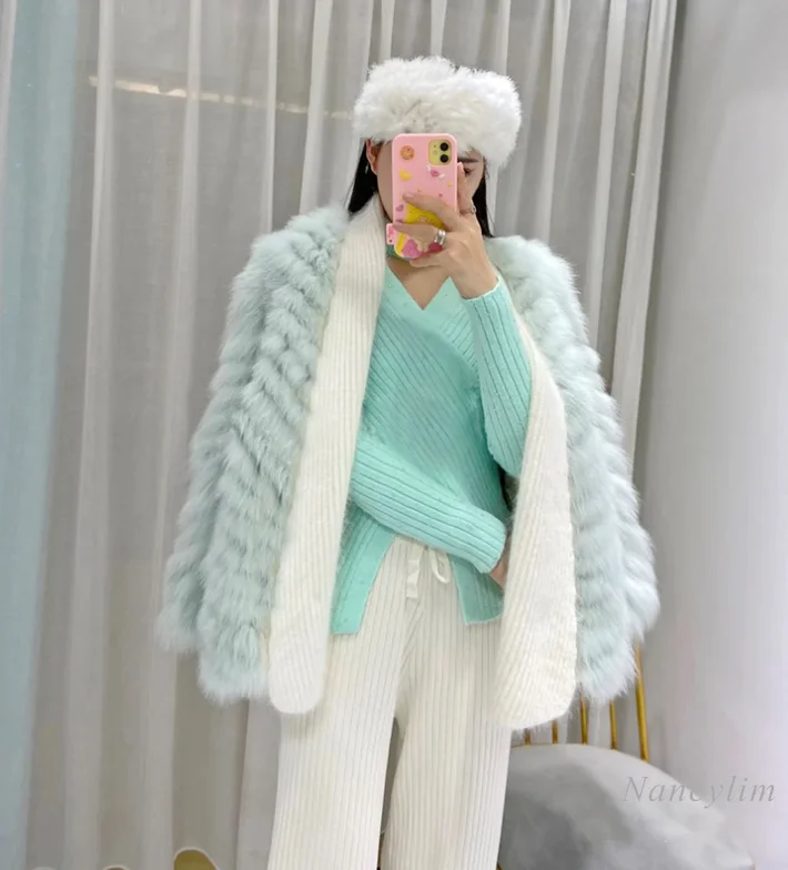 2022 Autumn and Winter Woven Imitation Fox Fur Coat Women Knitted Stitching Keep-Warm Luxury Long Fur Coats Street Overcoats