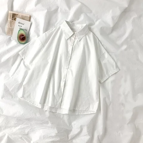 Белая рубашка EBAIHUI с коротким рукавом для мужчин с галстуком в японском стиле преппи Простая рубашка унисекс однотонная свободная Летняя женская блузка уличная одежда