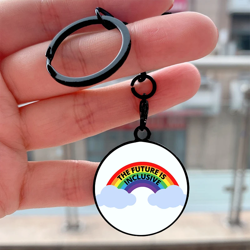 

Fashion The Future Is Inclusive Rainbow Cool Key Tag Motorcycles Cars Backpack Chaveiro Keychain For Friends Key Ring Gifts