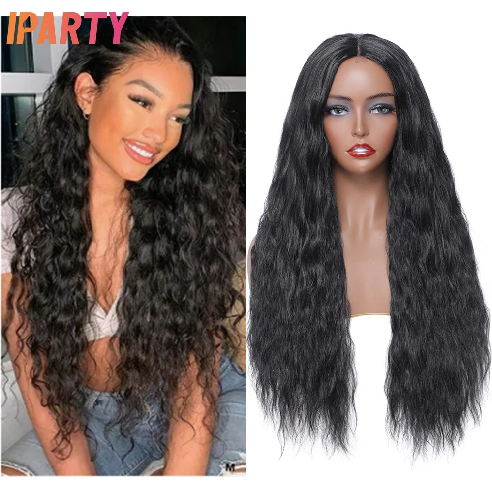 

Iparty 26 Inches Synthetic Lace Deep Wave Wigs Black Color Middle Part Heat Resistant Fibers Wig Multi Color Optional Daily