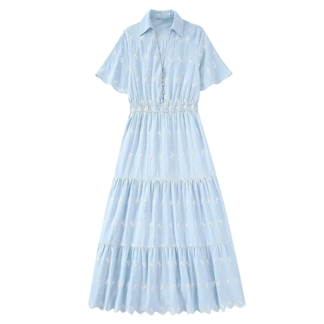 

Maxdutti Cotton Fashion Elegant Dress Women Indie Folk Lace Splicing Turn Down Collar Embroidery Midi Shirts Dress