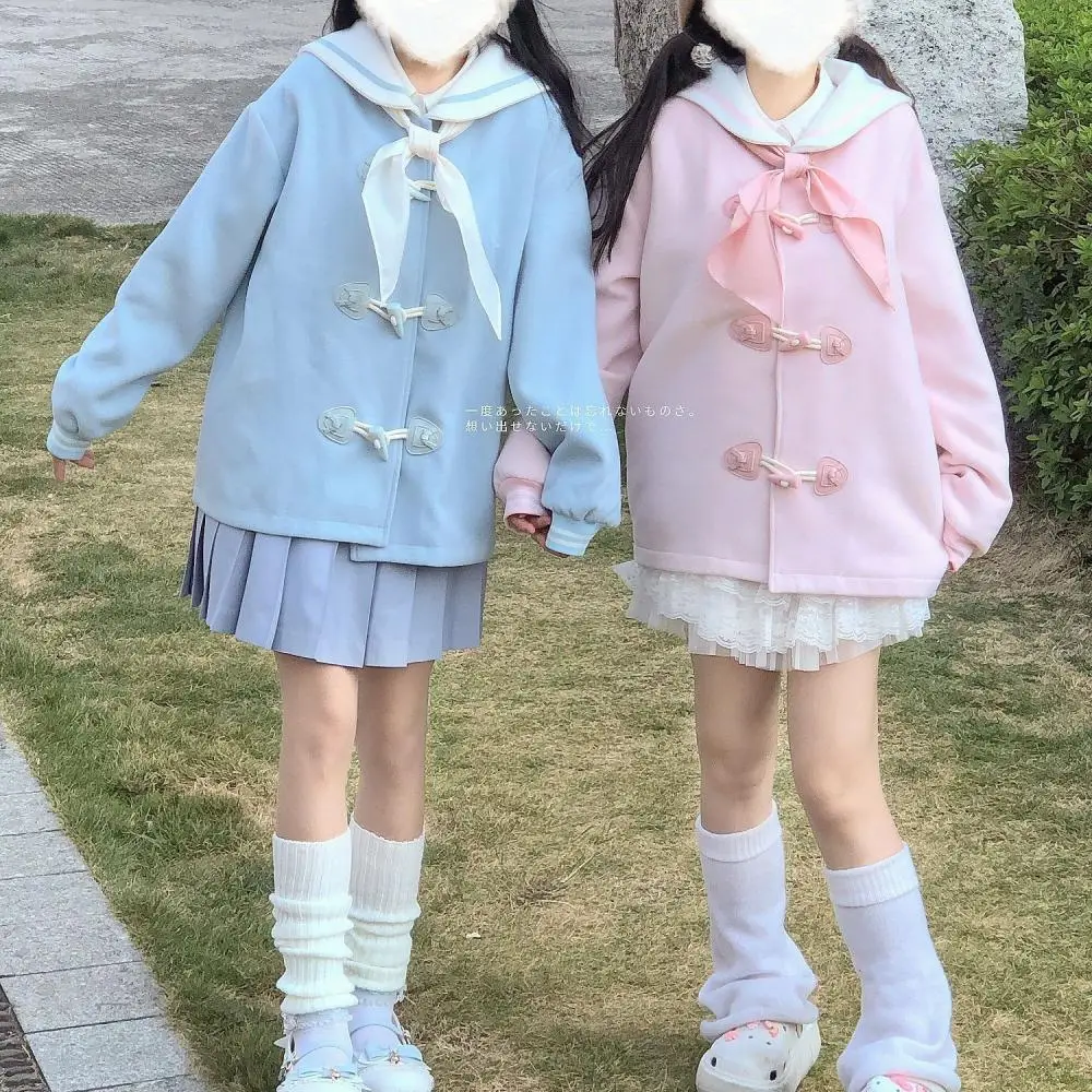 

Sanrio Cinnamoroll Women's Horn Button Coat Cartoon Casual Navy Collar Warm Jacket Autumn and Winter Anime Girly Preppy Look Top