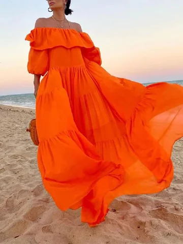 Onecozyday Stylish Selection Puff Sleeves Off-The-Shoulder Pleated Bohe Beach Dress 2023 Summer Vacation Maxi Dresses For Women