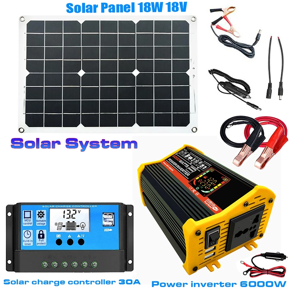 

18W Solar Panel+30A Controller Solar Power Generation System 6000W Modified Sine Wave Inverter 12V TO 110V 220V Inverter Voltage