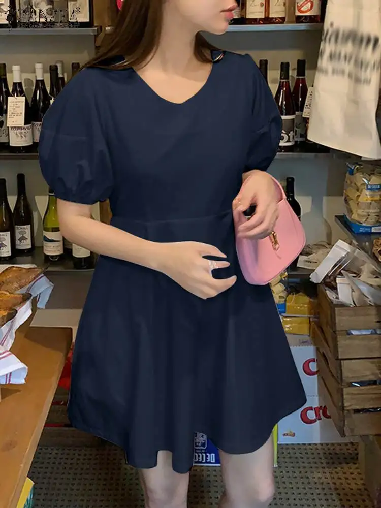 

Women 2022 Summer Mini Dress ZANZEA Elegant Casual Loose Short Puff Sleeve A-line Short Robe Fashion Pleats Korean Sundress