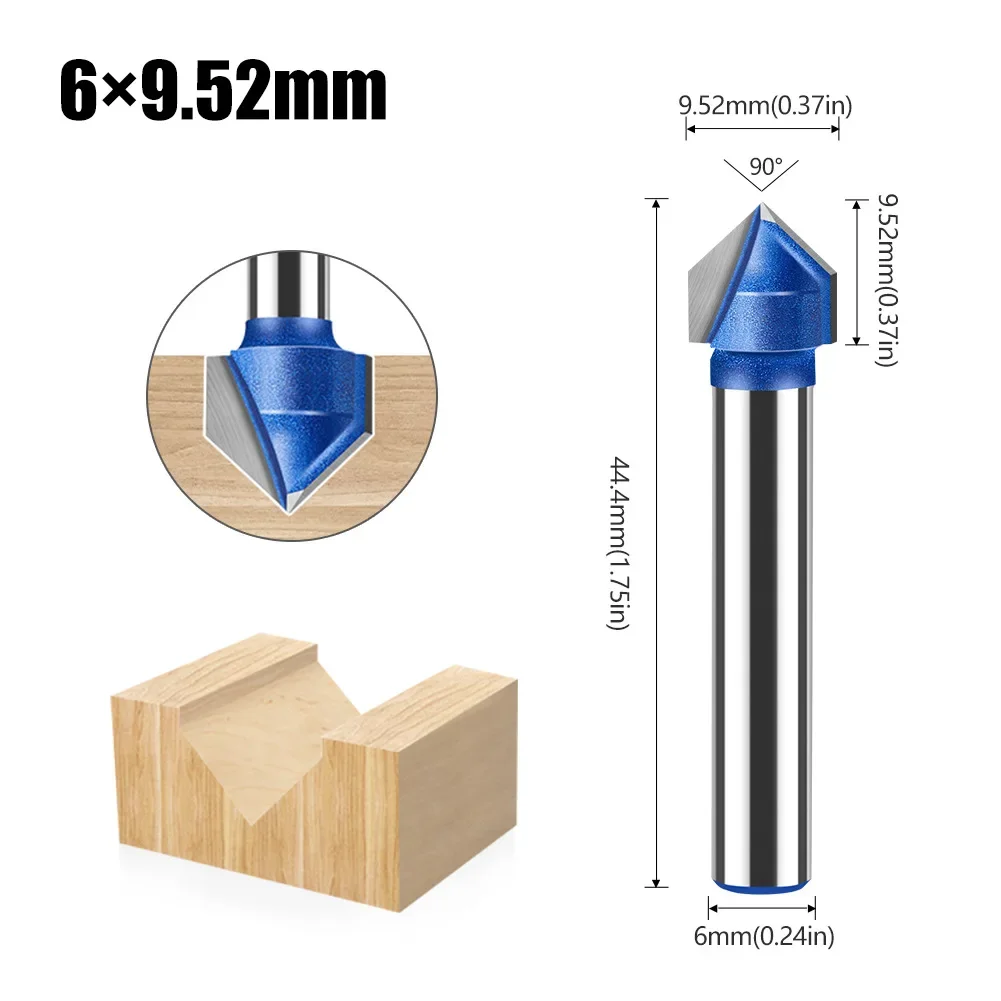 1 шт., 6 мм, фреза с хвостовиком, 90 градусов, V-образная канавка, 1/4 дюйма, 5/16 дюйма, 3/8 дюйма, 1/2 дюйма, твердосплавная фреза, деревообрабатывающая фреза