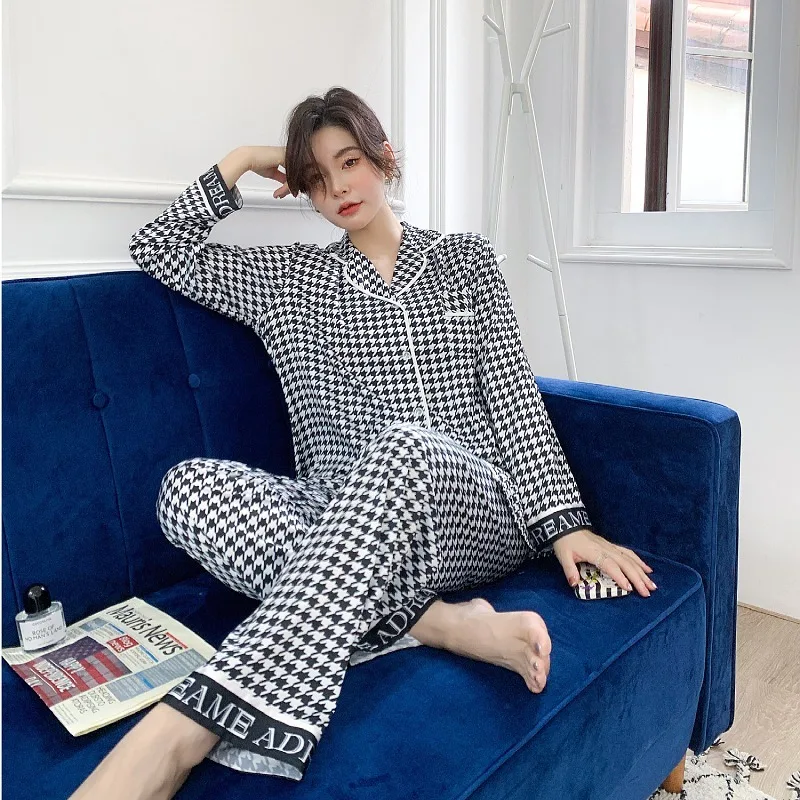 

Long Sleeve Women Print Pink Houndstooth Sleepwear Trouser Suits Pajamas Set Spring Autumn Couple Nightwear Loose Rayon Homewear