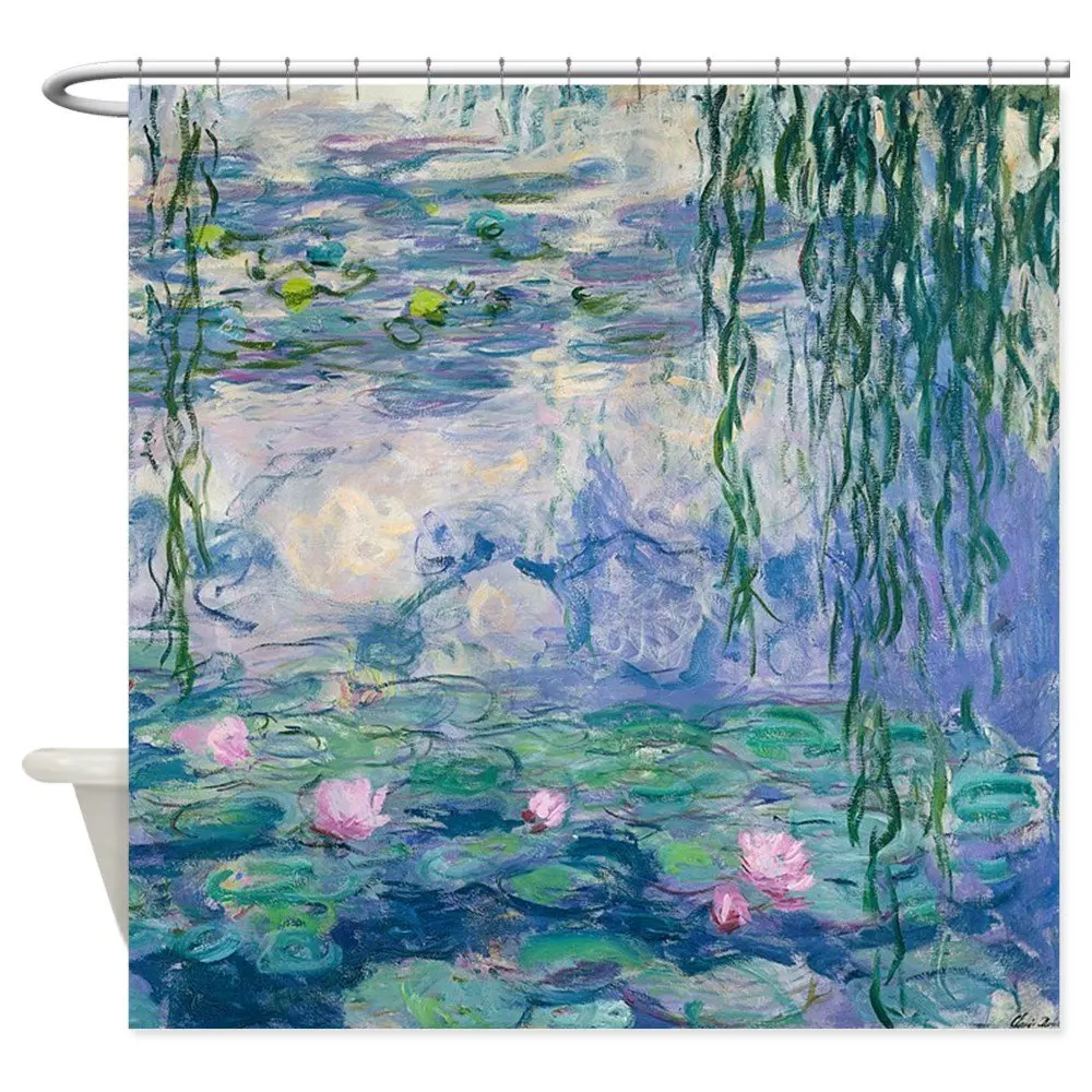 

Watercolor Water Lilies Teal Shower Curtains Waterproof Fabric Polyester Floral Bathroom Decor Bath Curtain with 12 Hooks