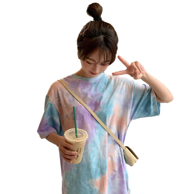 

#1671 Vintage Streetwear Loose T Shirts Women Summer Casual Cotton T Shirt Ladies Short Sleeve O-neck Women's Tops Tie Dye Tees